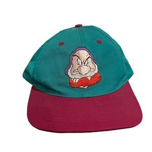 90’s Snow White Grumpy ball cap in teal with maroon bill.